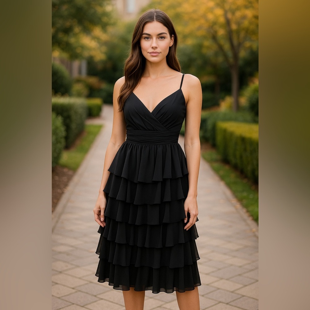IEENA for Mac Duggal Formal MIDI Dress Size 6 Tiered Ruffle Black Cocktail NWT